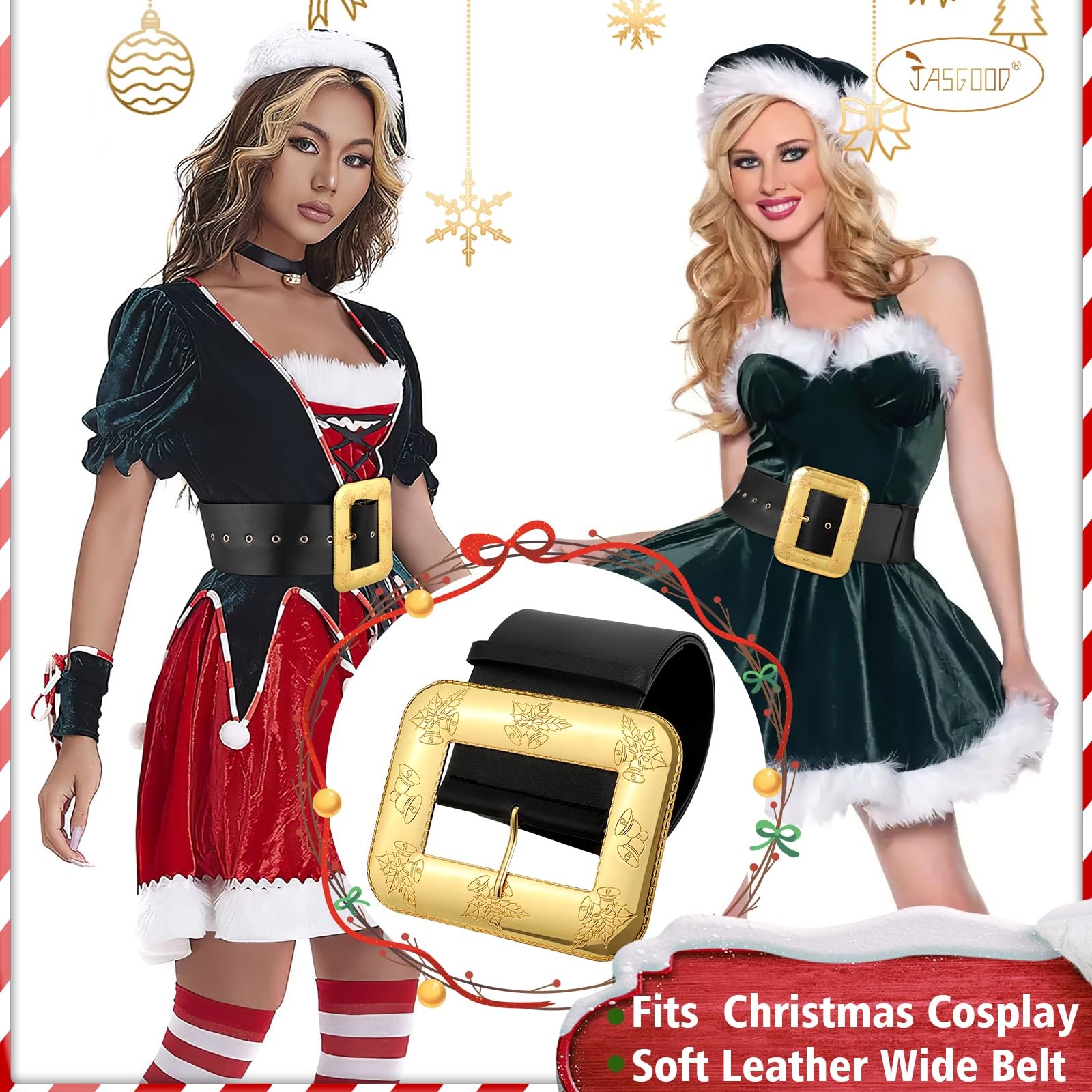 JASGOOD Christmas Santa Claus Adults Wide Leather Fit Size 44&Prime;-54&Prime;, Black