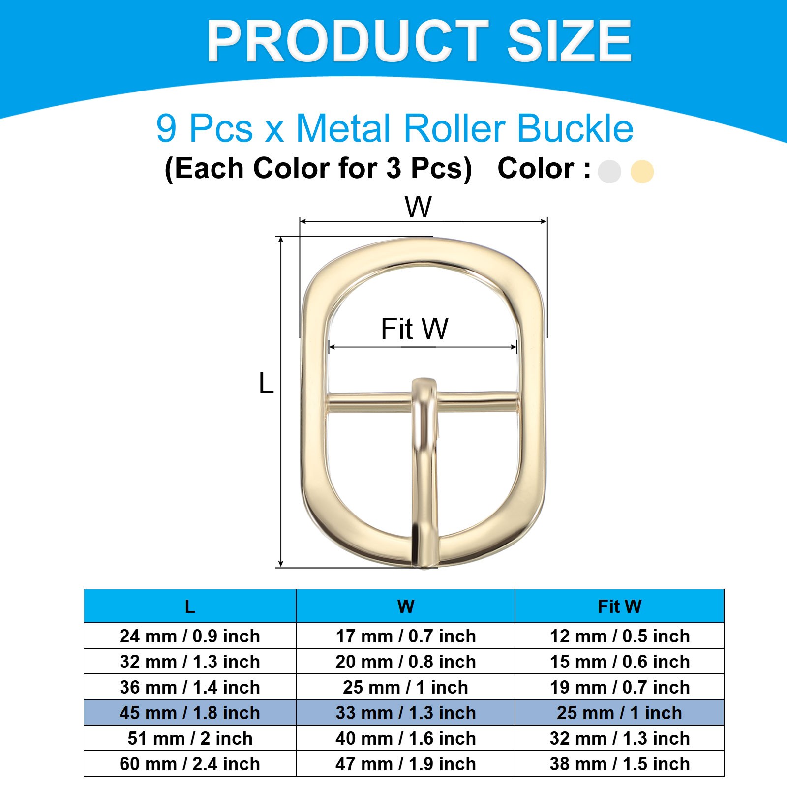 12Pcs 1&Prime; Single Prong Metal Roller Pin Belt Buckles Silver/Light Gold