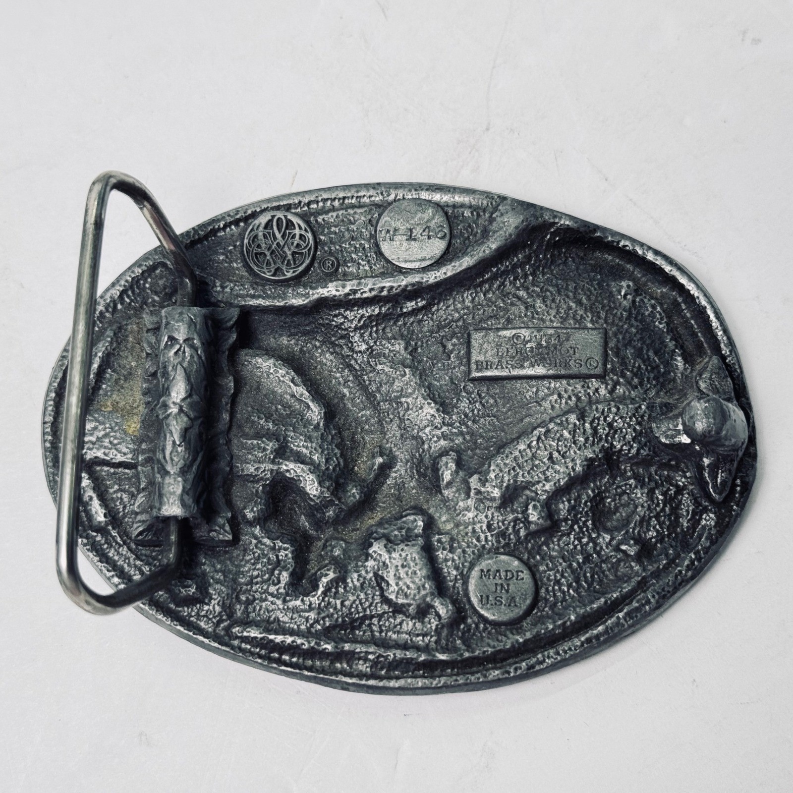 Vintage Bergamot Brass Works Eagle Mountain Belt Buckle 1984 Pewter Blue Enamel
