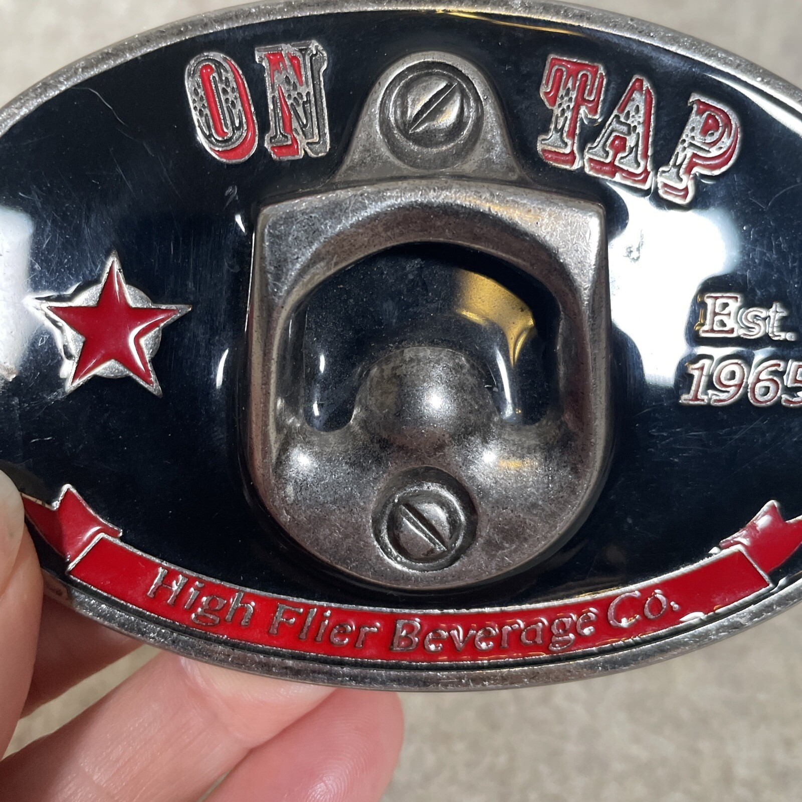 On Tap Belt Buckle Bottle Opener High Flier Beverage Black Red Silver