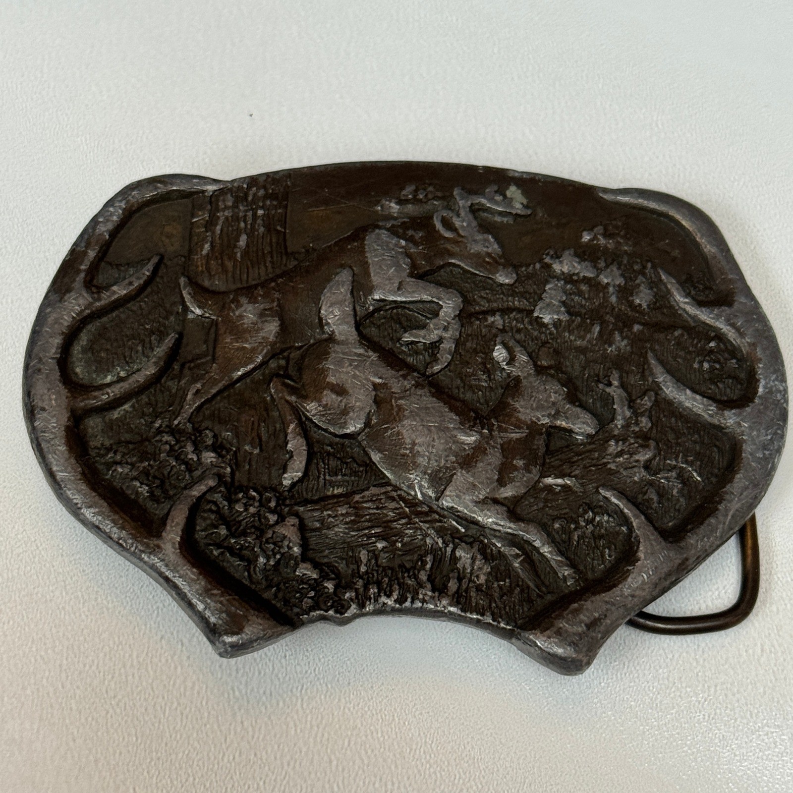 Vintage Pewter Deer Buckle Hunting Scene Belt Buckle Metal Western Cowboy