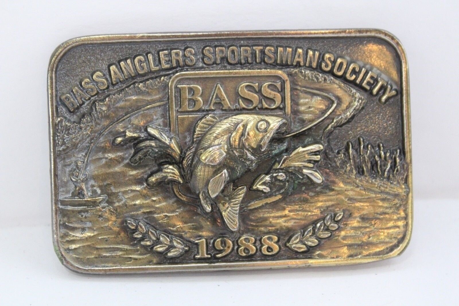 Vintage B.A.S.S. Bass Anglers Sportsman Society 1988 Brass Belt Buckle USA Made