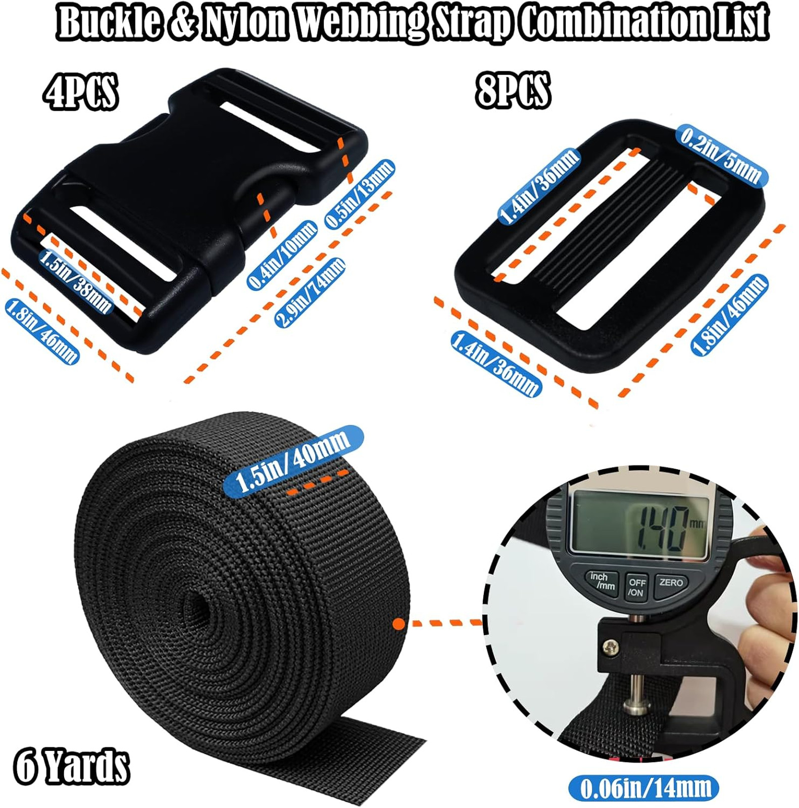 Webbing Straps 1.5 Inch Heavy Duty No Sewing Pack of 4 Buckles Clips 12 Pcs for
