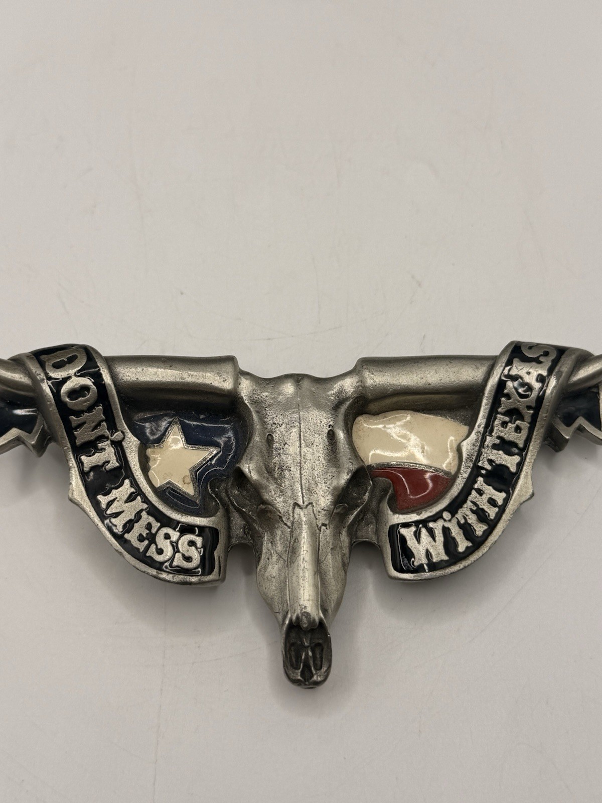 “Don’t Mess With Texas” Solid Fine Pewter Belt Buckle # 4498 Longhorn Skull