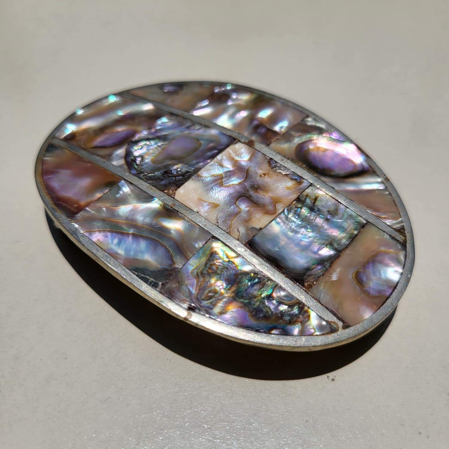 Vintage Alpaca Silver Abalone Shell Iridescent Mosaic Mexico Belt Buckle