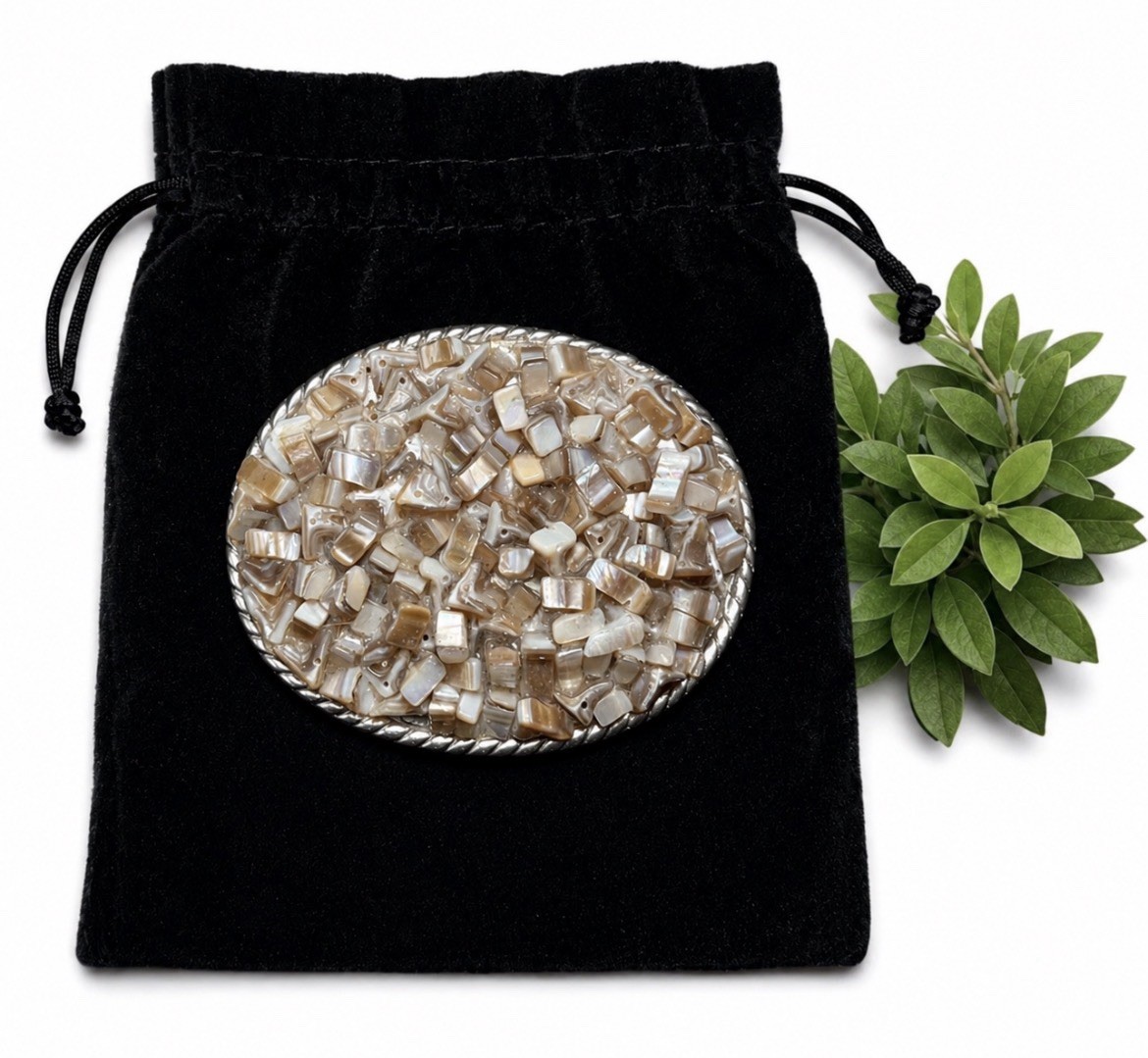 Western Style Belt Buckle Mother of Pearl Inspired Mosaic Oval Interchangeable