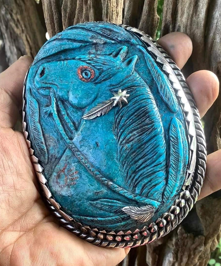 American Vintage Horse Design Sterling Silver Turquoise Coral Belt Buckle