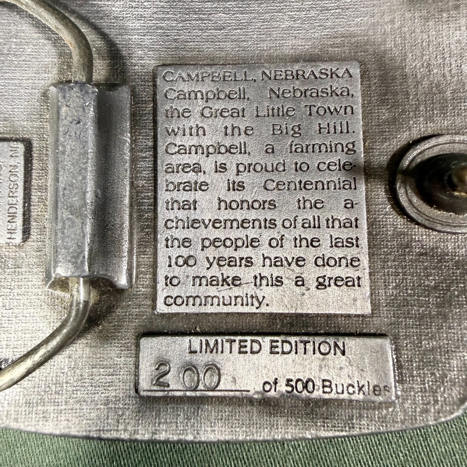 Campbell Nebraska Centennial Belt Buckle 1886–1986 Ltd Ed 200/500 Vintage