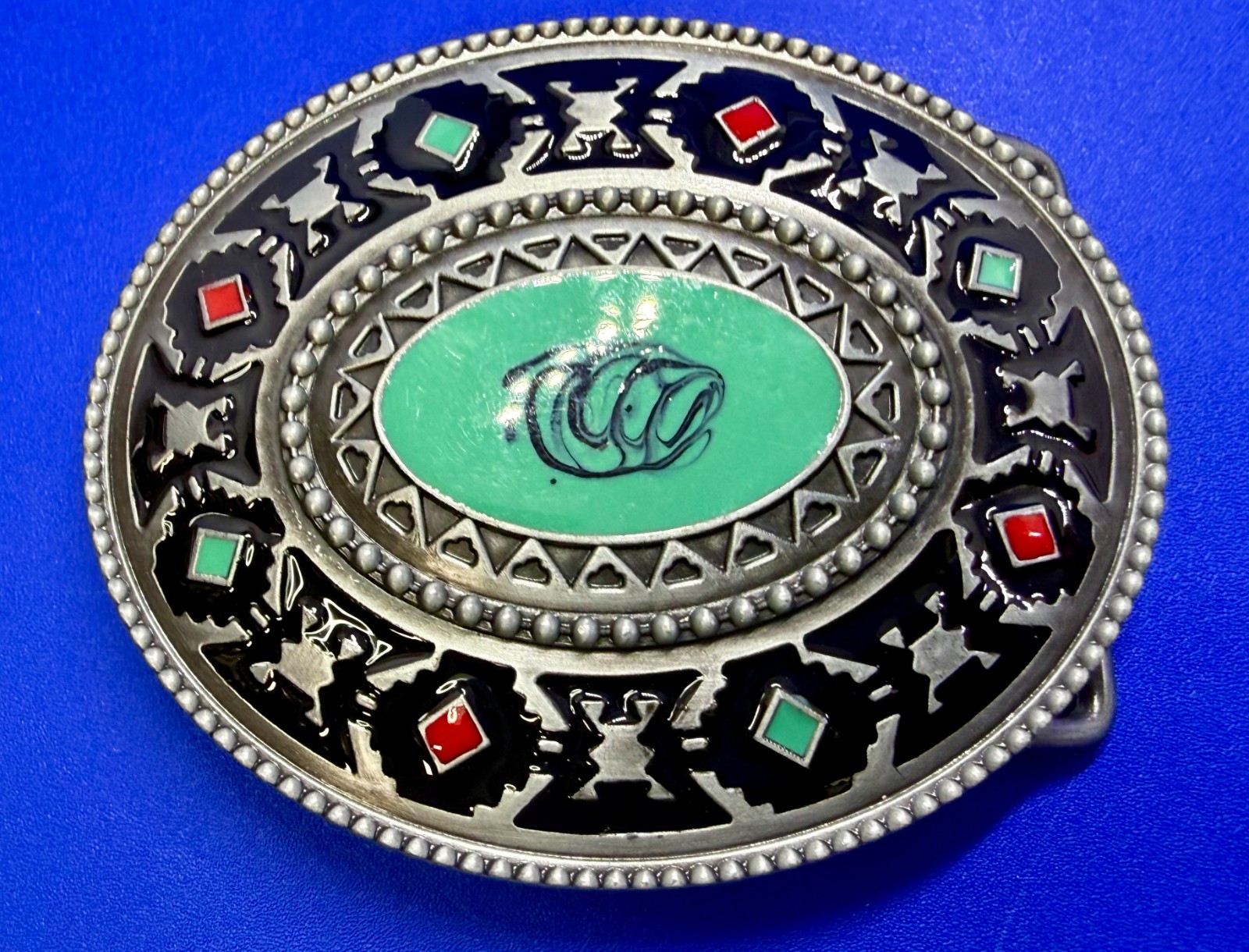 Southwestern Tribal Pattern Blue Red Enamel Colored Belt Buckle in New Condition