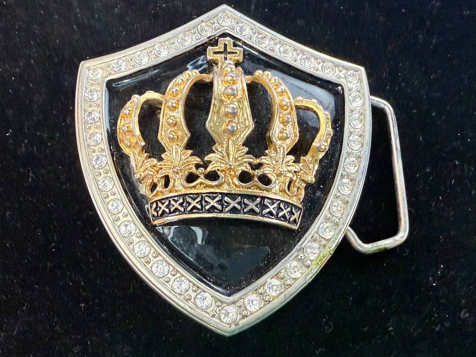 Royal Gold Crown Shield with Rhinestone Border Belt Buckle A286 Classico Italia