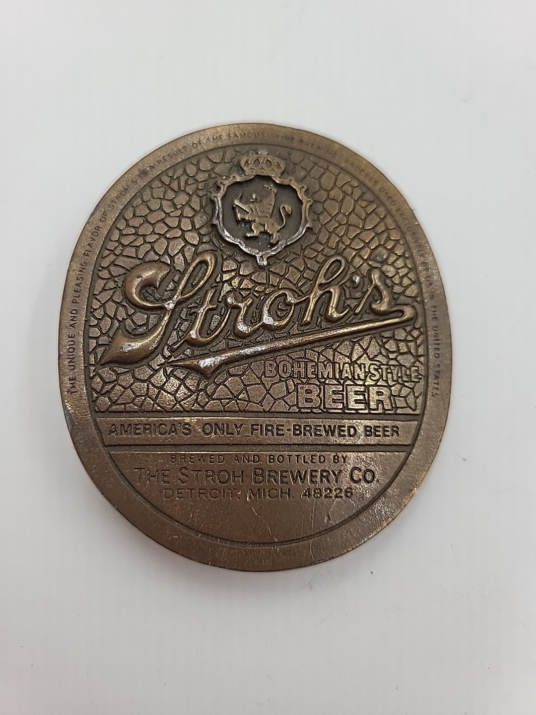 vintage 1970s belt buckle STROHS beer SOLID BRASS detroit WESTERN bohemian