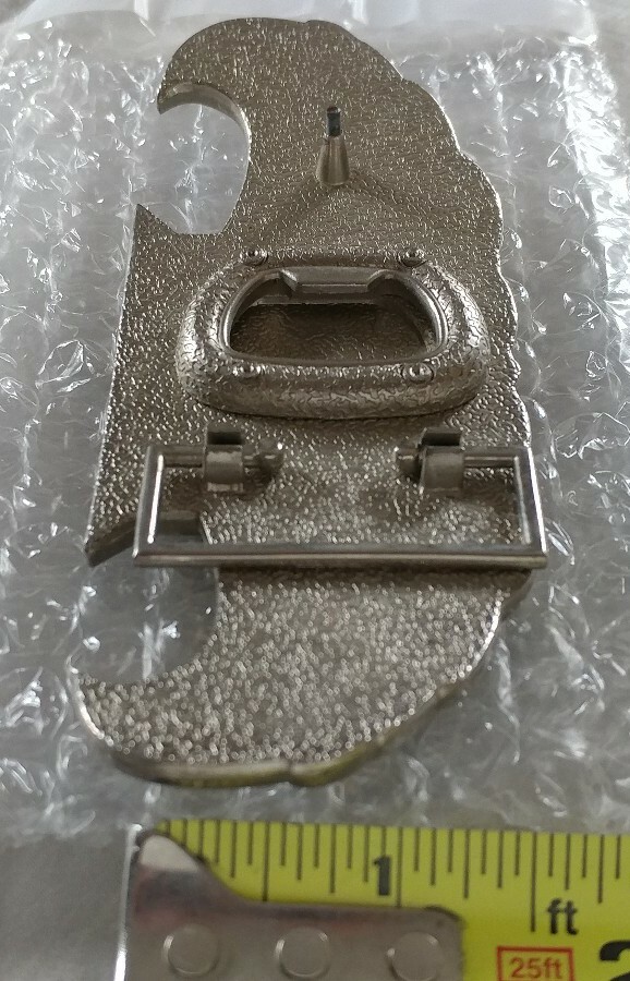 WINGS SHIELD MUD FLAP GIRL CREST BOTTLE OPENER BELT BUCKLE PRONG NEEDS REPAIR