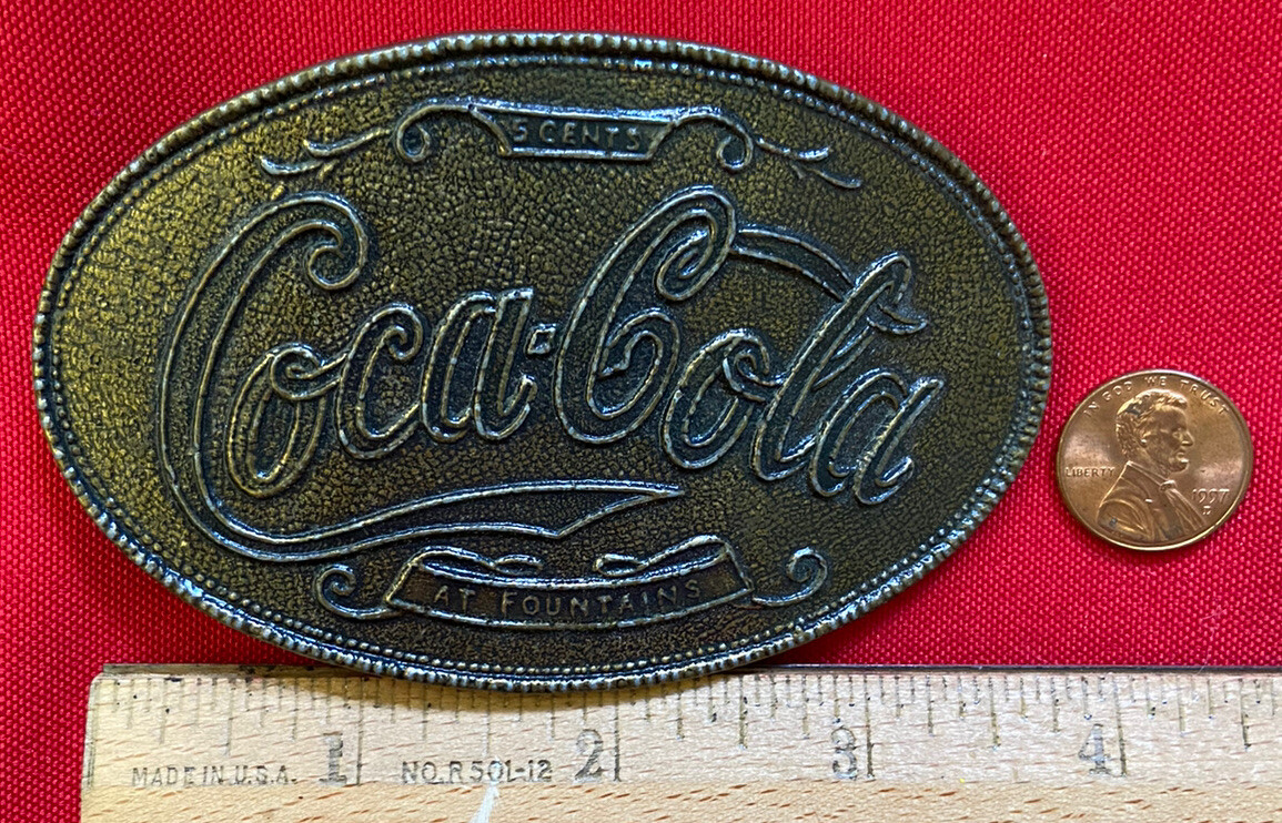 COCA-COLA COKE COCA COLA SODA POP FOUNTIAN DRINK 5 CENT BROWN OVAL BELT BUCKLE