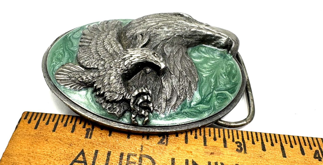 Siskiyou Bald Eagles Belt Buckle Co 1990 Vintage Pewter Teal Enamel Swirl USA
