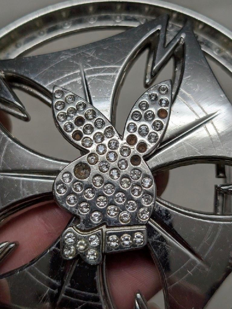vintage PLAYBOY belt buckle SPINNER chrome BUNNY metal rhinestone STUDDED
