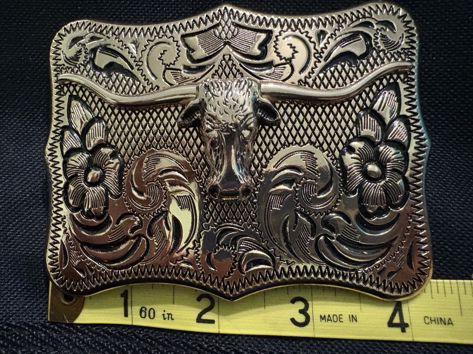 Western Bull Head Floral Engraved Silver Metal Belt Buckle Fits 2in Belt