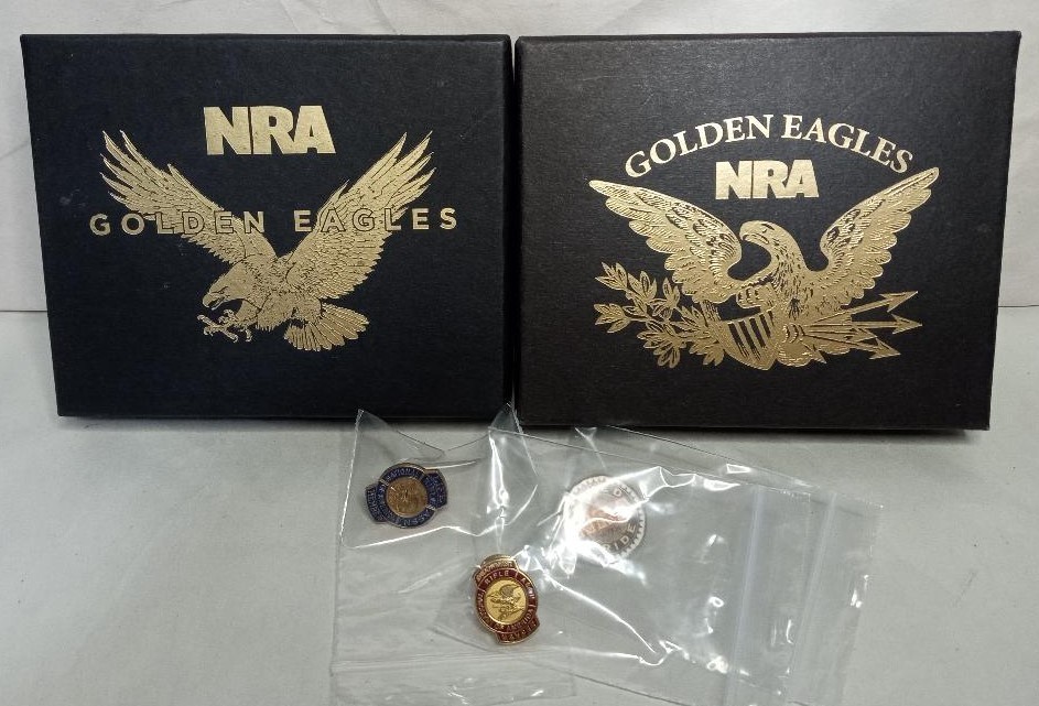 LOT OF 5: 2 NRA COMMEMORATIVE BUCKLES ( 2014 2015) & 3 VINTAGE PINS