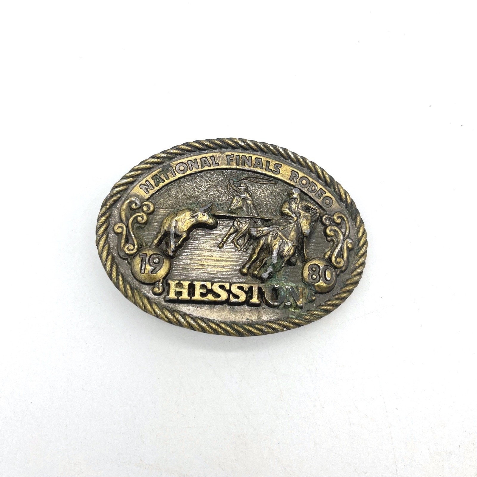 Vintage 1980 Hesston National Finals Rodeo Belt Buckle NFR Steer Wrestling Brass