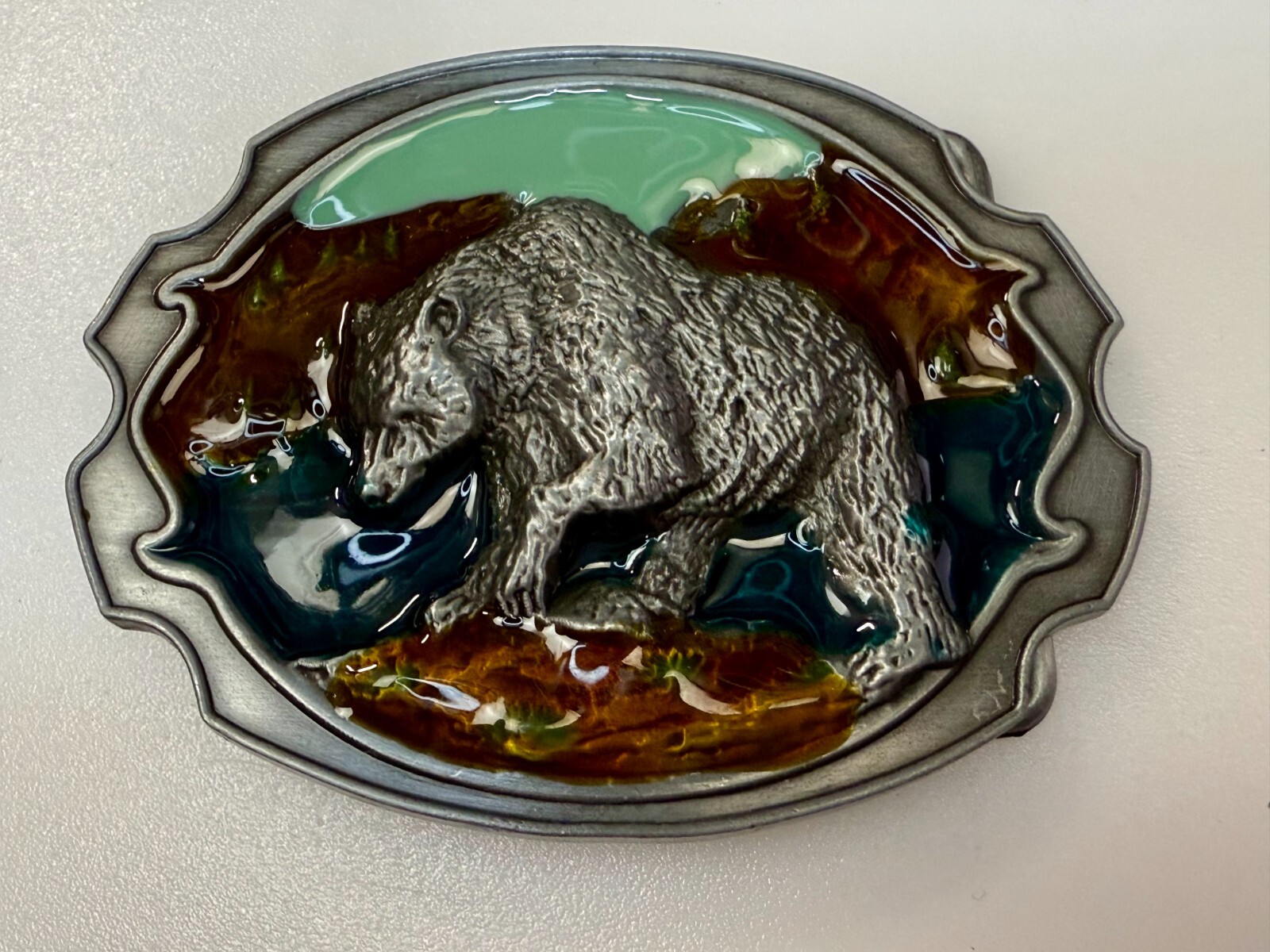 Southwestern Style Fishing Grizzly Bear Colorful Painted Belt Buckle