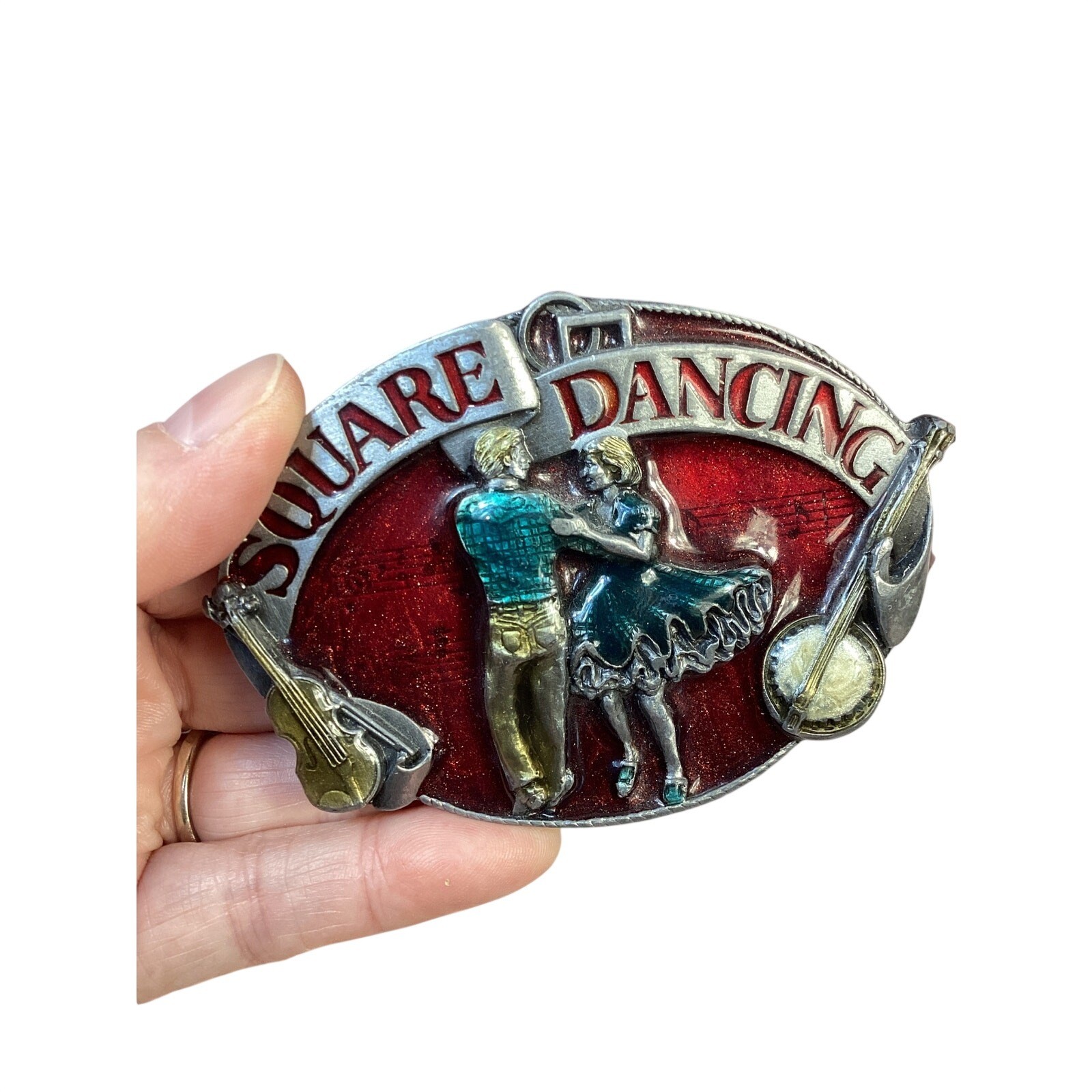 Vintage 1983 Siskiyou Square Dancing Belt Buckle with Tooled Leather Belt Brown