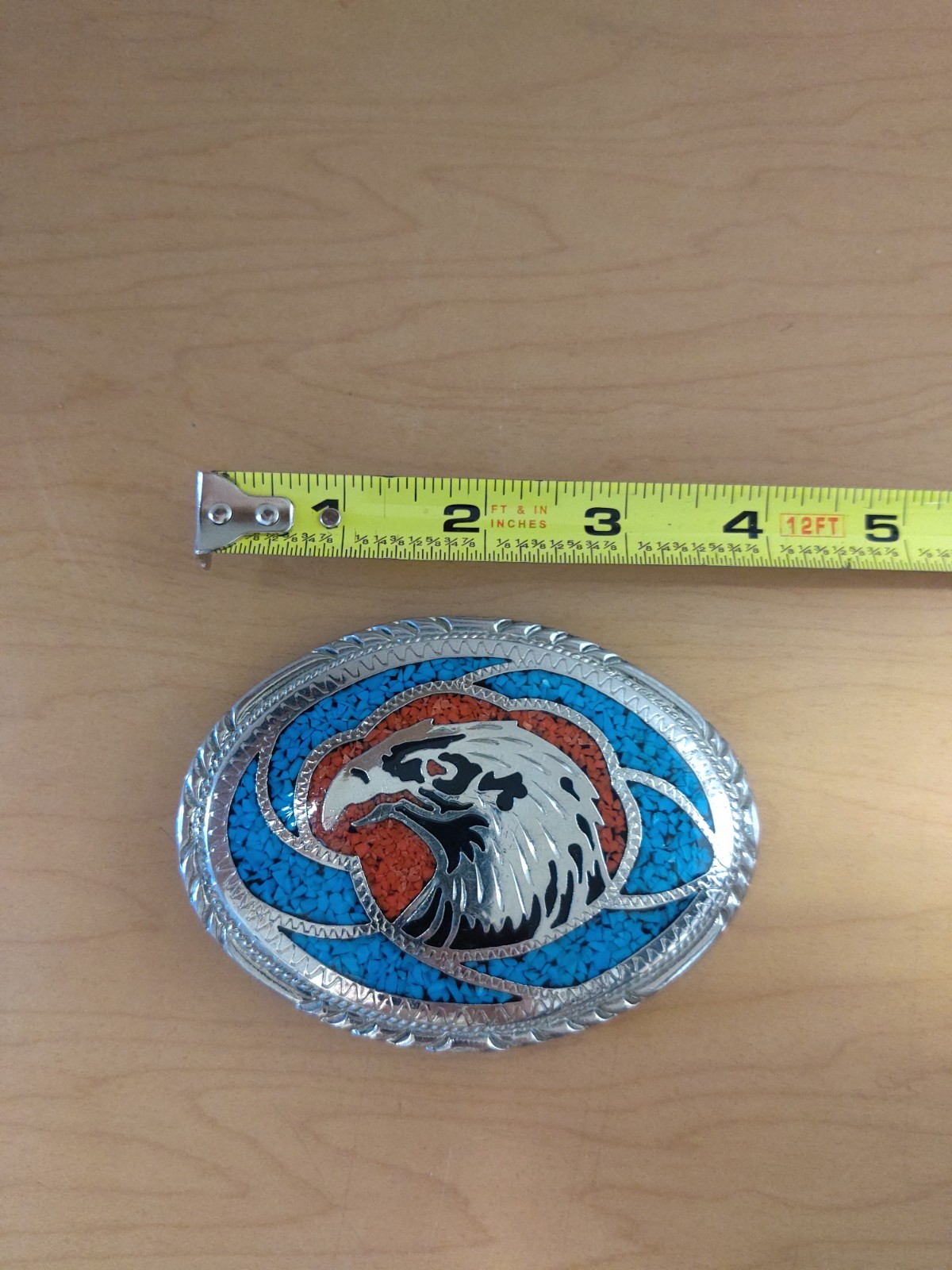 SOUTHWESTERN NATIVE AMERICAN WESTERN SS CORAL TURQUOISE EAGLE BELT BUCKLE