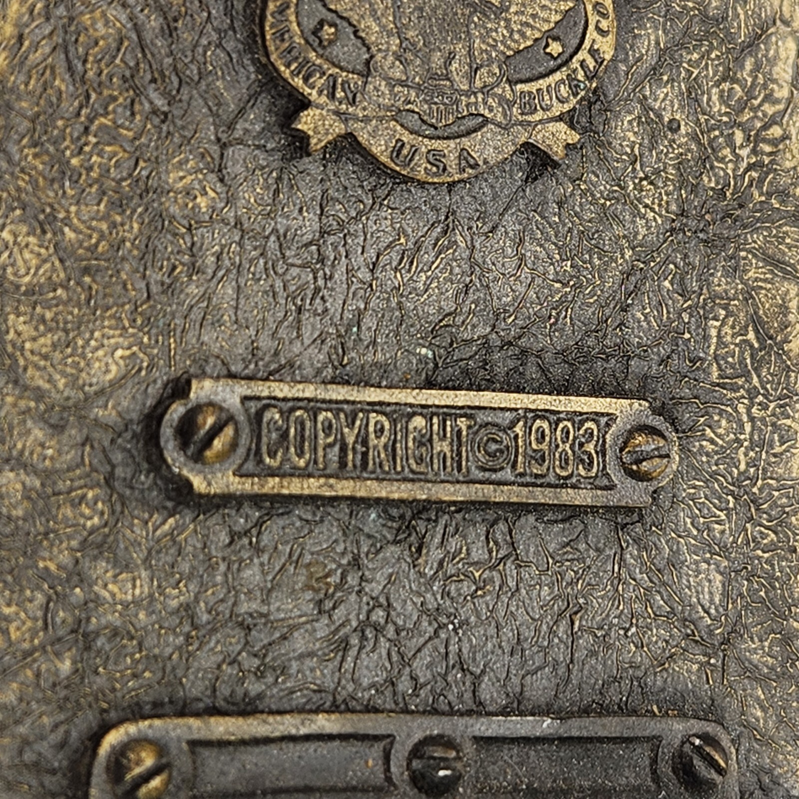 Vintage 1983 Great American Buckle Embossed Leather & Brass Belt Buckle Sunset