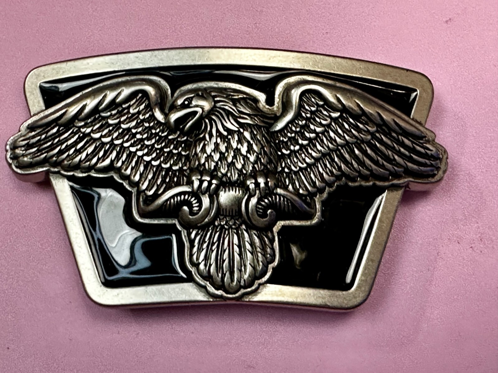 American Flying Bald Eagle Spreading Wings Silver Tone Black Enamel Belt Buckle