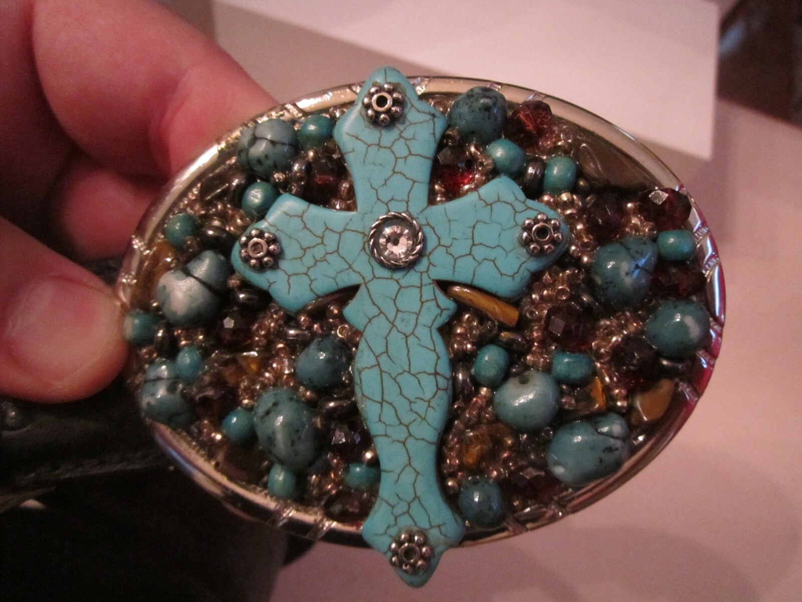 TONYA BOEZI BELT BUCKLE AND BELT – RELIGIOUS CROSS DESIGN CRYSTALS 43&Prime; LONG BELT