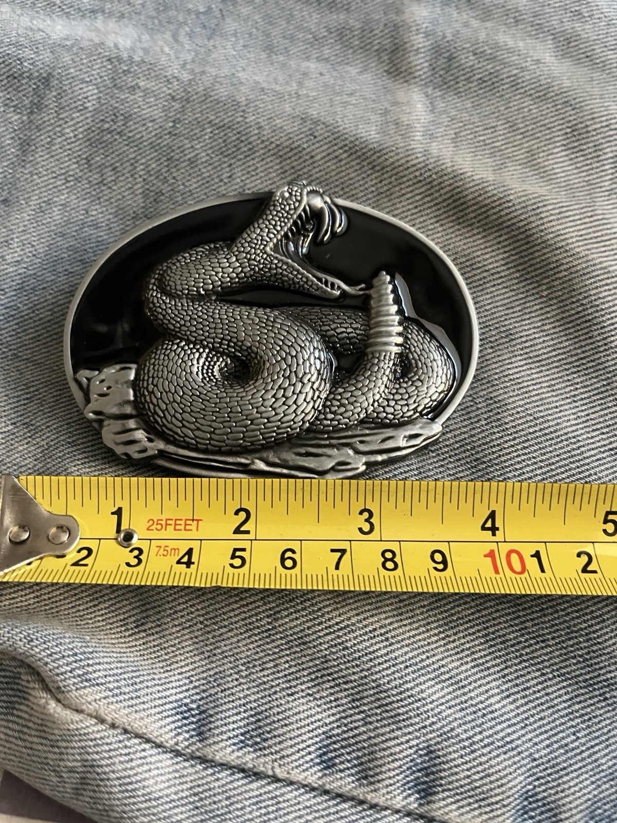 Rattle Snake Belt Buckle Silver Trim With Black Background Western Cowboy Style
