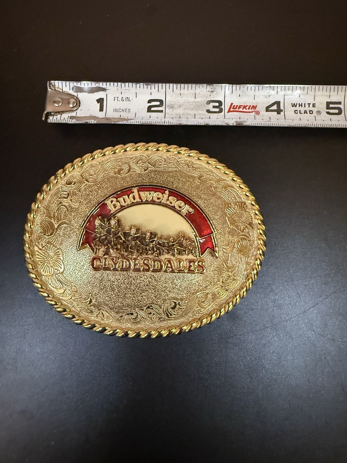Vintage Collectible Budweiser Clydesdales Raintree Gold Tone Metal Belt Buckle