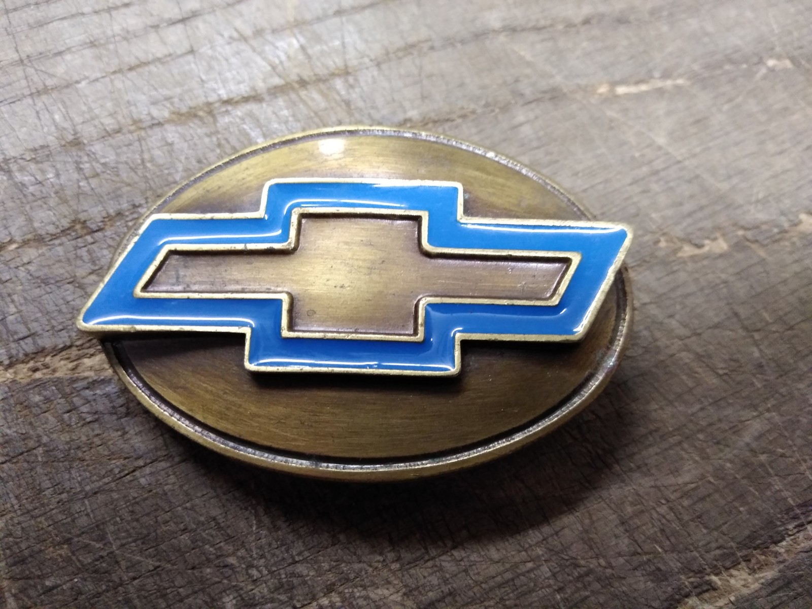 Vtg Bergamot Brass Works Blue Bow Tie Chevrolet Belt Buckle #A 800 Made In USA