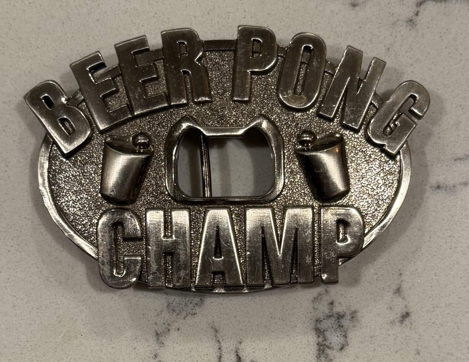 Beer Pong Champ! Vintage Metal Bottle Opener & Belt Buckle by Kalan