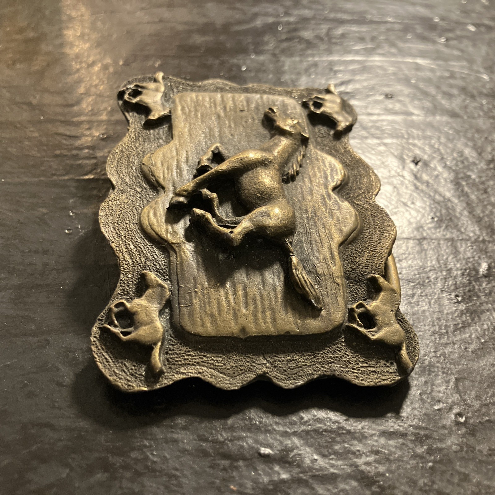 Vtg belt buckle running horses cowgirl cowboy equestrian western brass toned