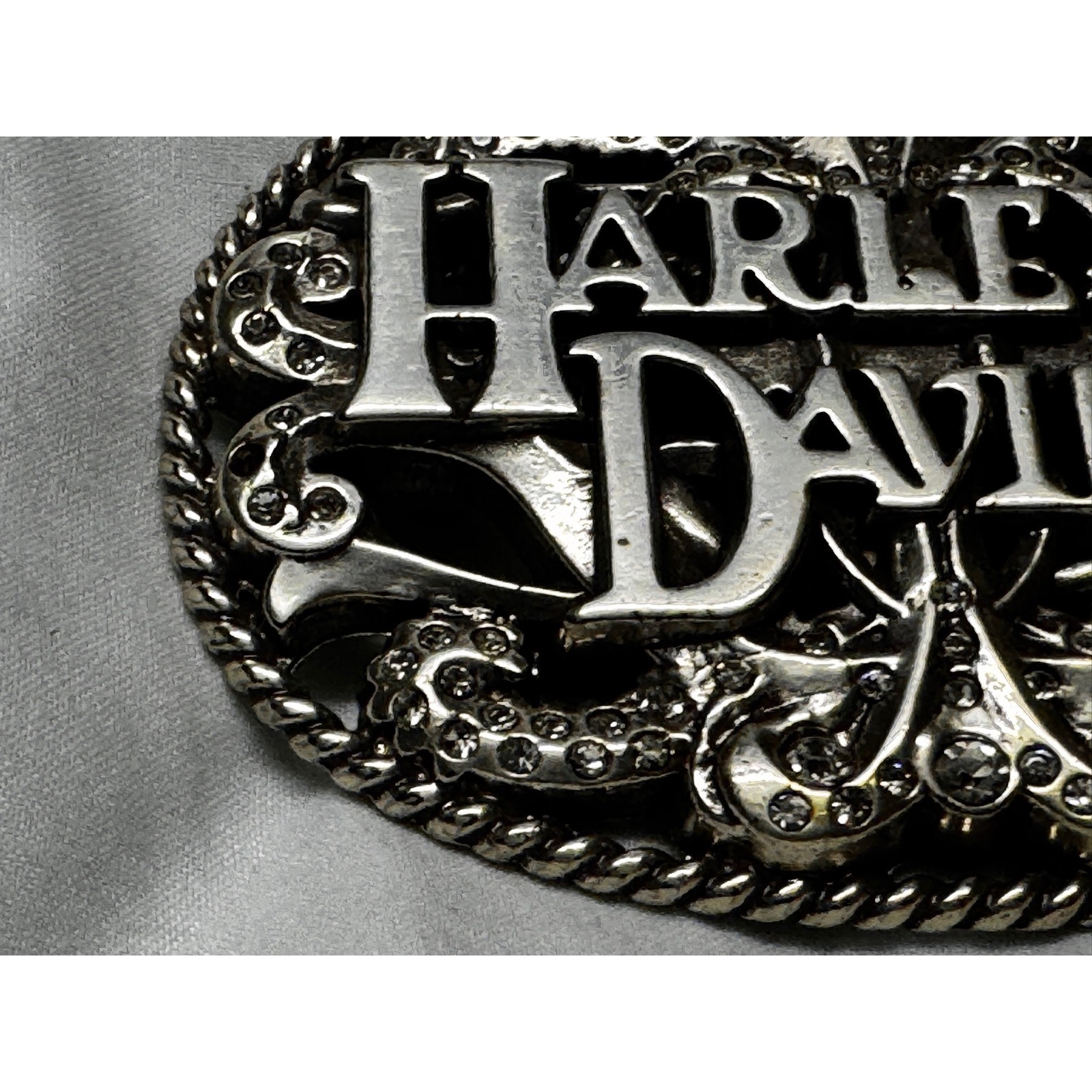 Harley Davidson Belt Buckle Silver Tone Filigree Rhinestone Biker Oval Scroll