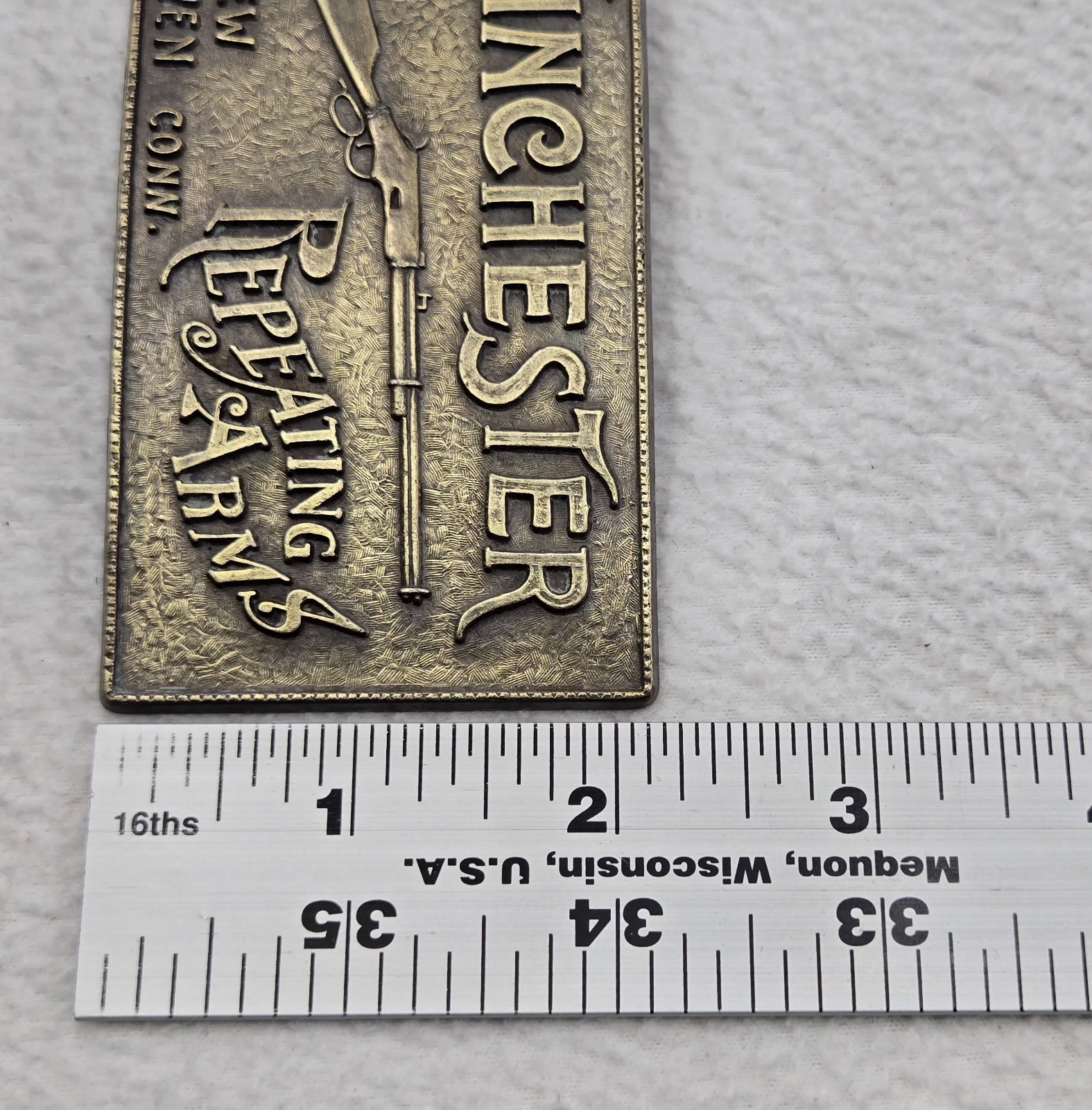 Vtg Brass Belt Buckle Winchester Repeating Arms New Haven Conn. Rifle Guns 4”
