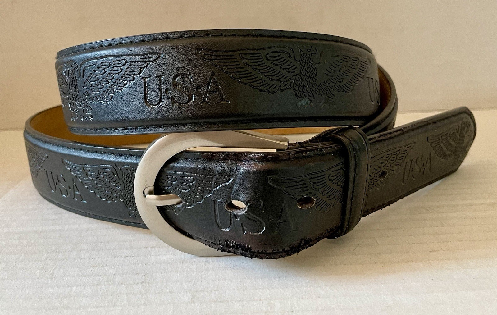 USA Eagle Black Leather Belt Mens XL 42-44 Stamped U.S.A. w Eagles Matte Buckle