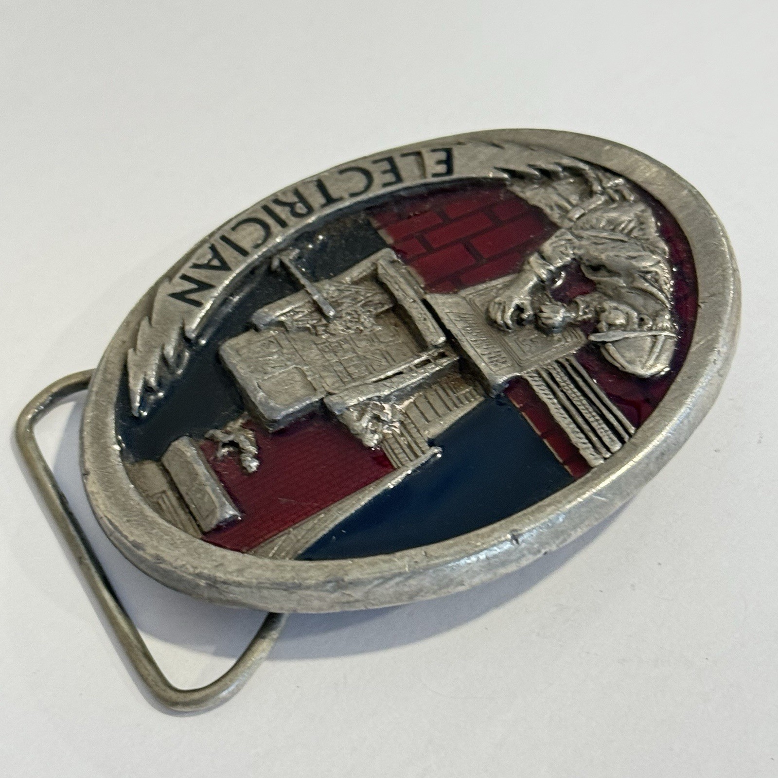 C & J Belt Buckle Electrician Silver Red Blue Tone Oval Electric Work Men’s
