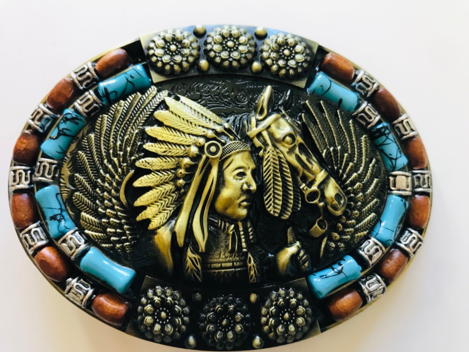 Men -women Belt Buckle Indian Chief horse eagle wings 1.5&Prime; inlaid stone
