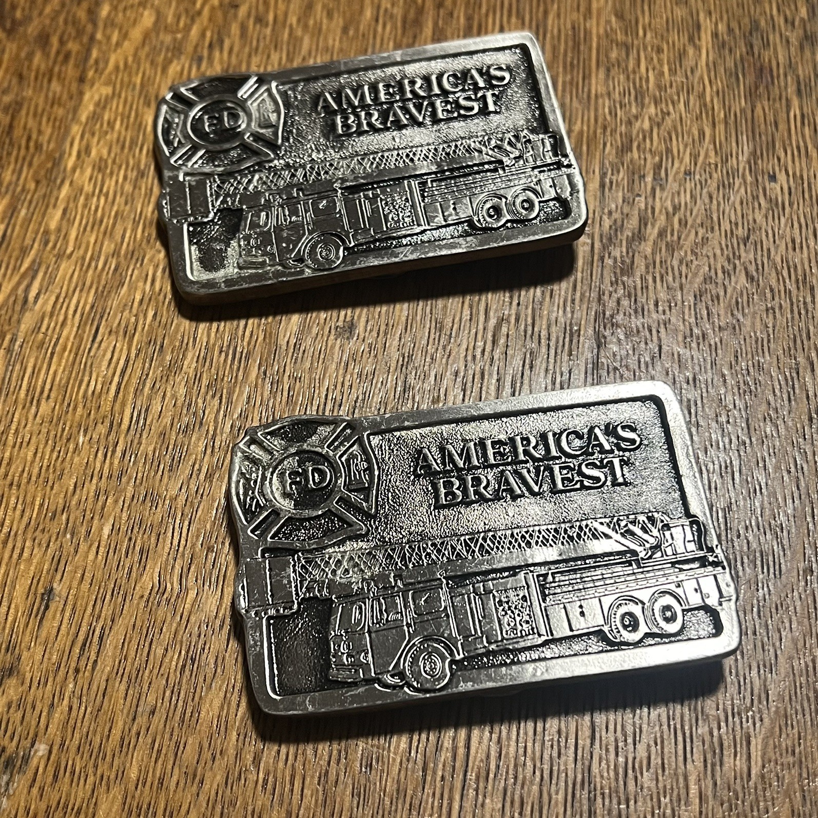 Missing Pin AMERICA&rsquo;S BRAVEST FIRETRUCK LADDER TRUCK Lot of 2 BELTBUCKLE B29