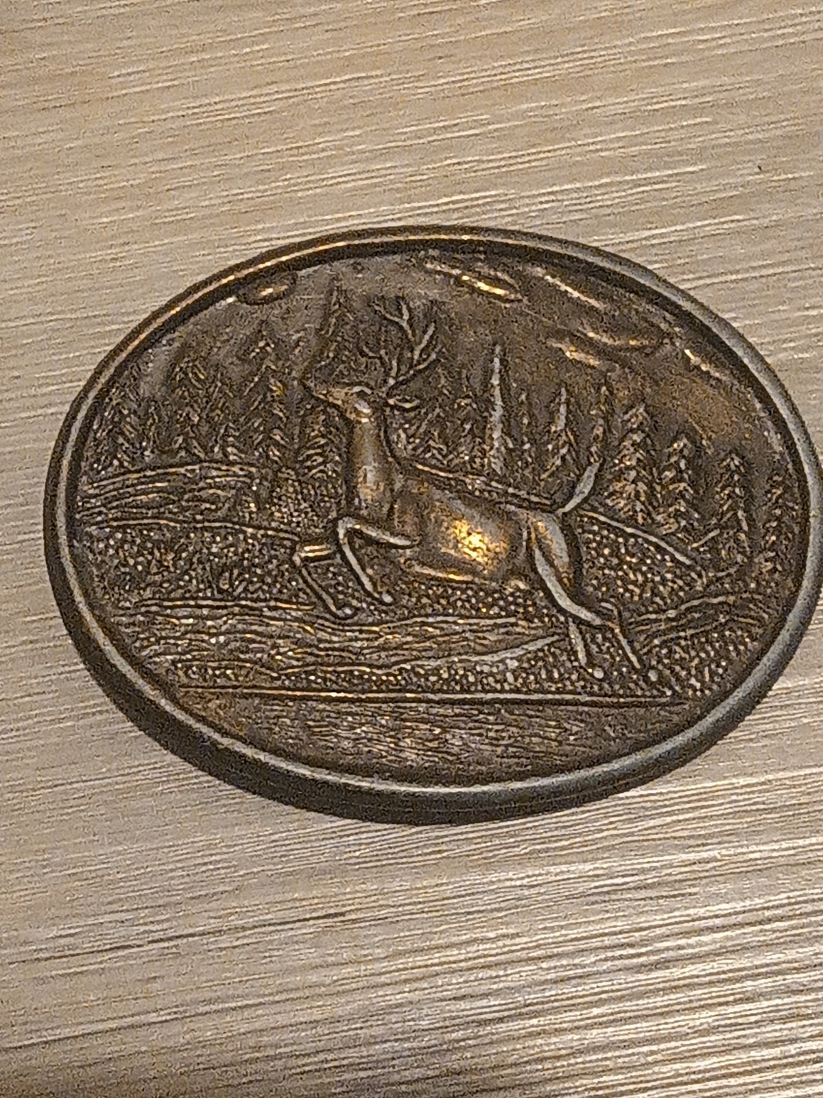 Vintage Running Leaping Deer Buck Silver Tone Oval Belt Buckle