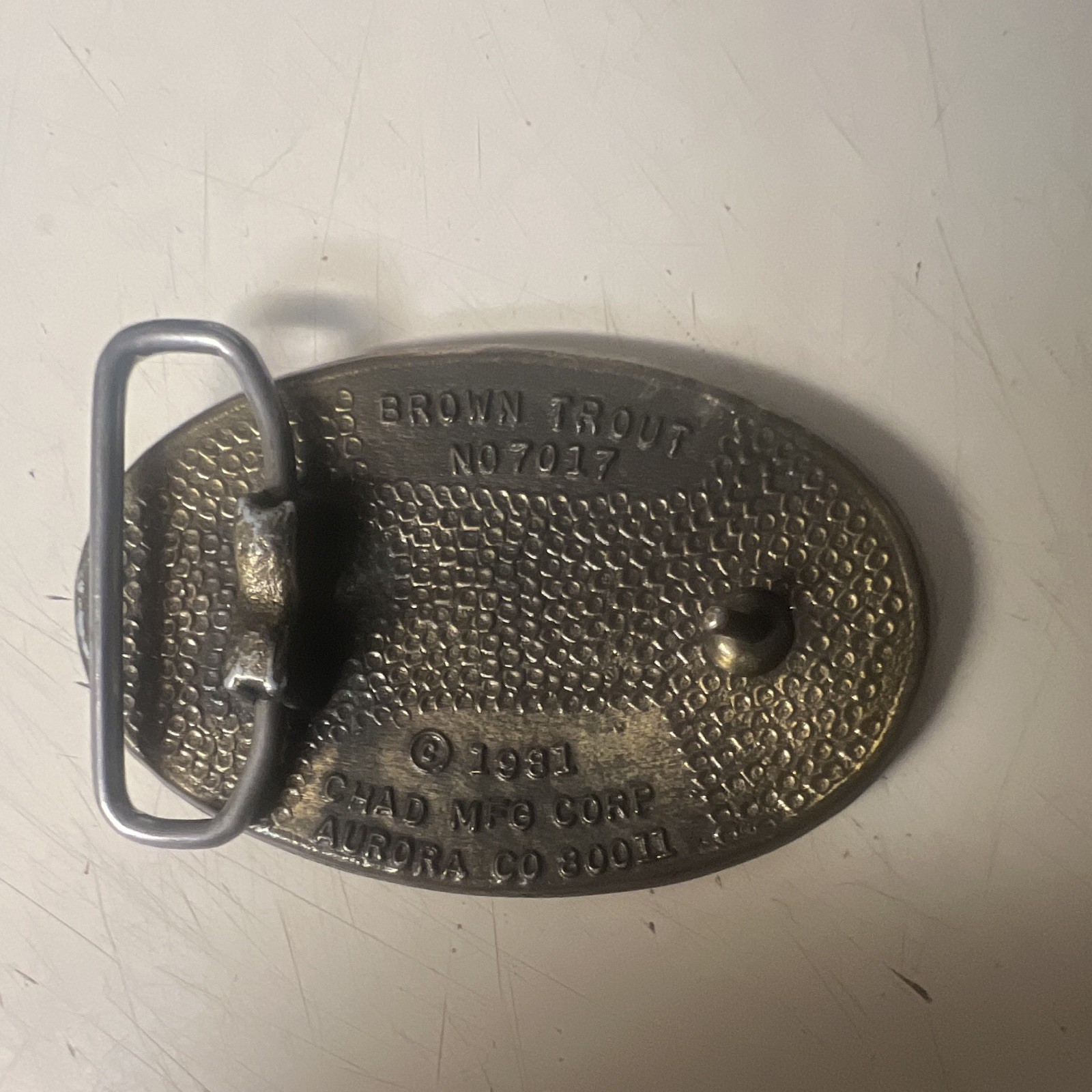 Chad Mfg Corp Brown Trout No7017 Western Metal Belt Buckle Silver/Green 1.5in
