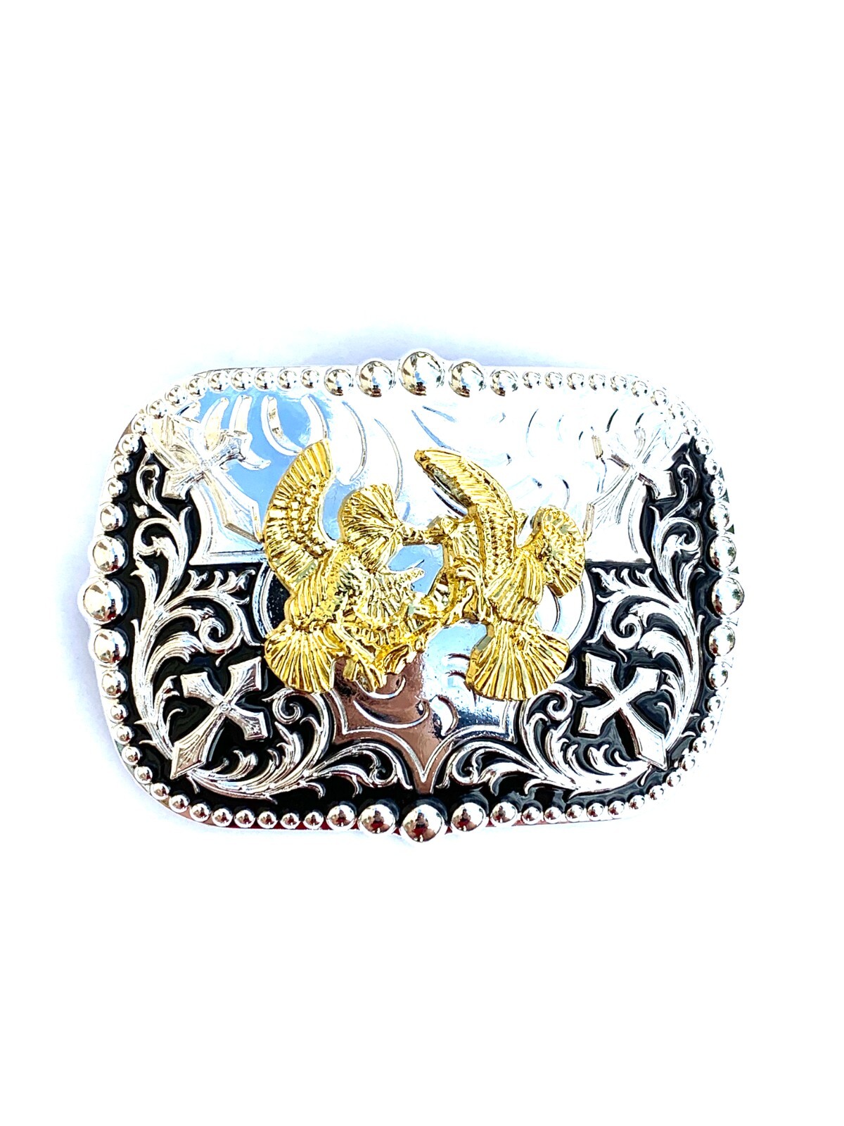 Western Buckle Gold Black Silver Rooster Cowboy 2 »Buckle Hebilla Vaquero Gallo