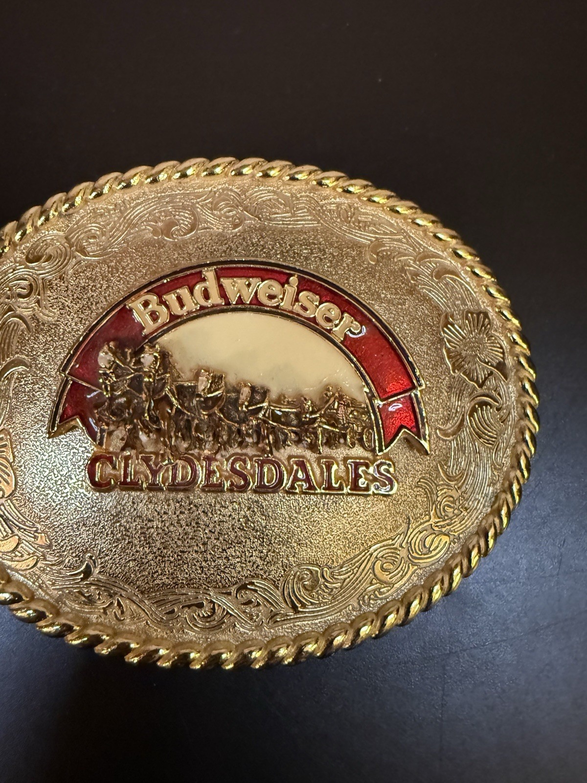 Vintage Collectible Budweiser Clydesdales Raintree Gold Tone Metal Belt Buckle