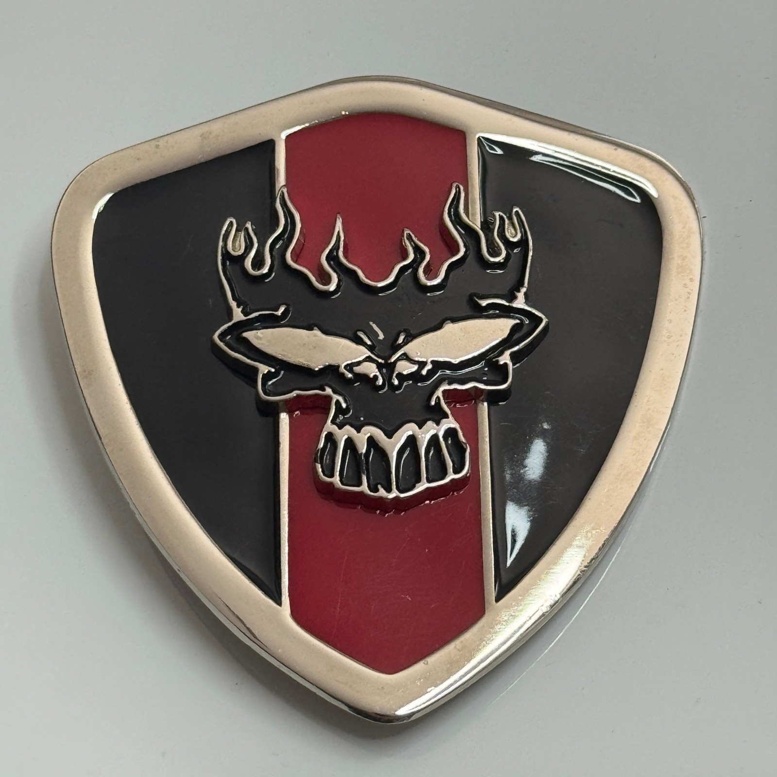 Skull Flames Shield Belt Buckle Silver Tone Red Black Metal