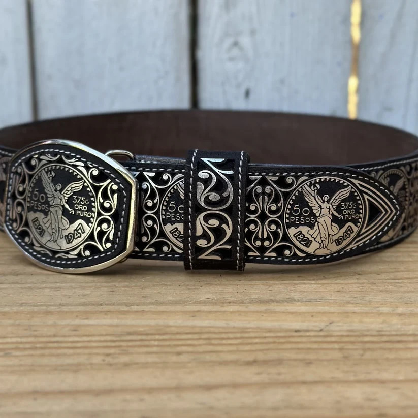 Genuine Laser Cut Leather Centenario Western Belt with Removable Buckle – Silver