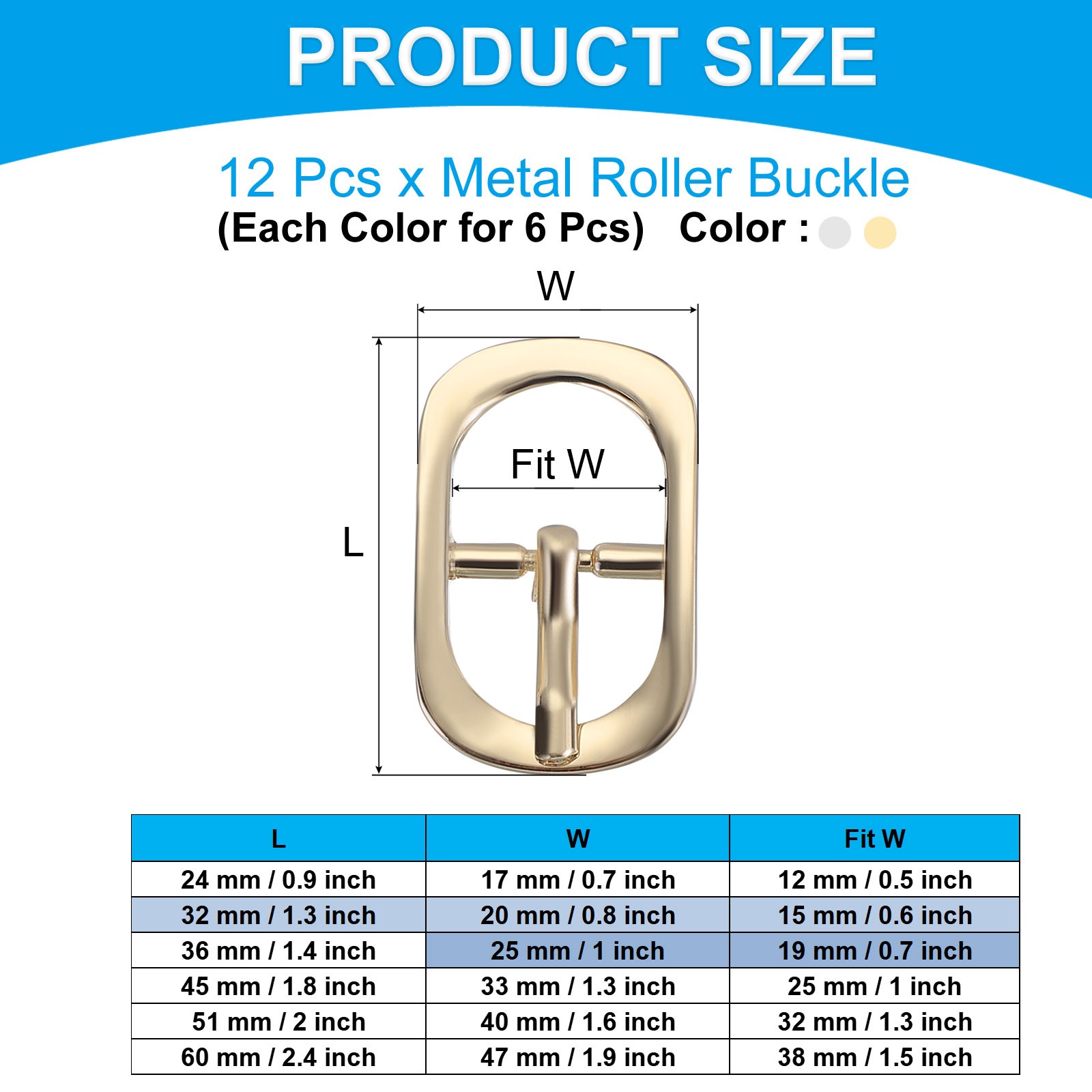 12Pcs 0.6&Prime; Single Prong Metal Roller Pin Belt Buckles Silver/Light Gold