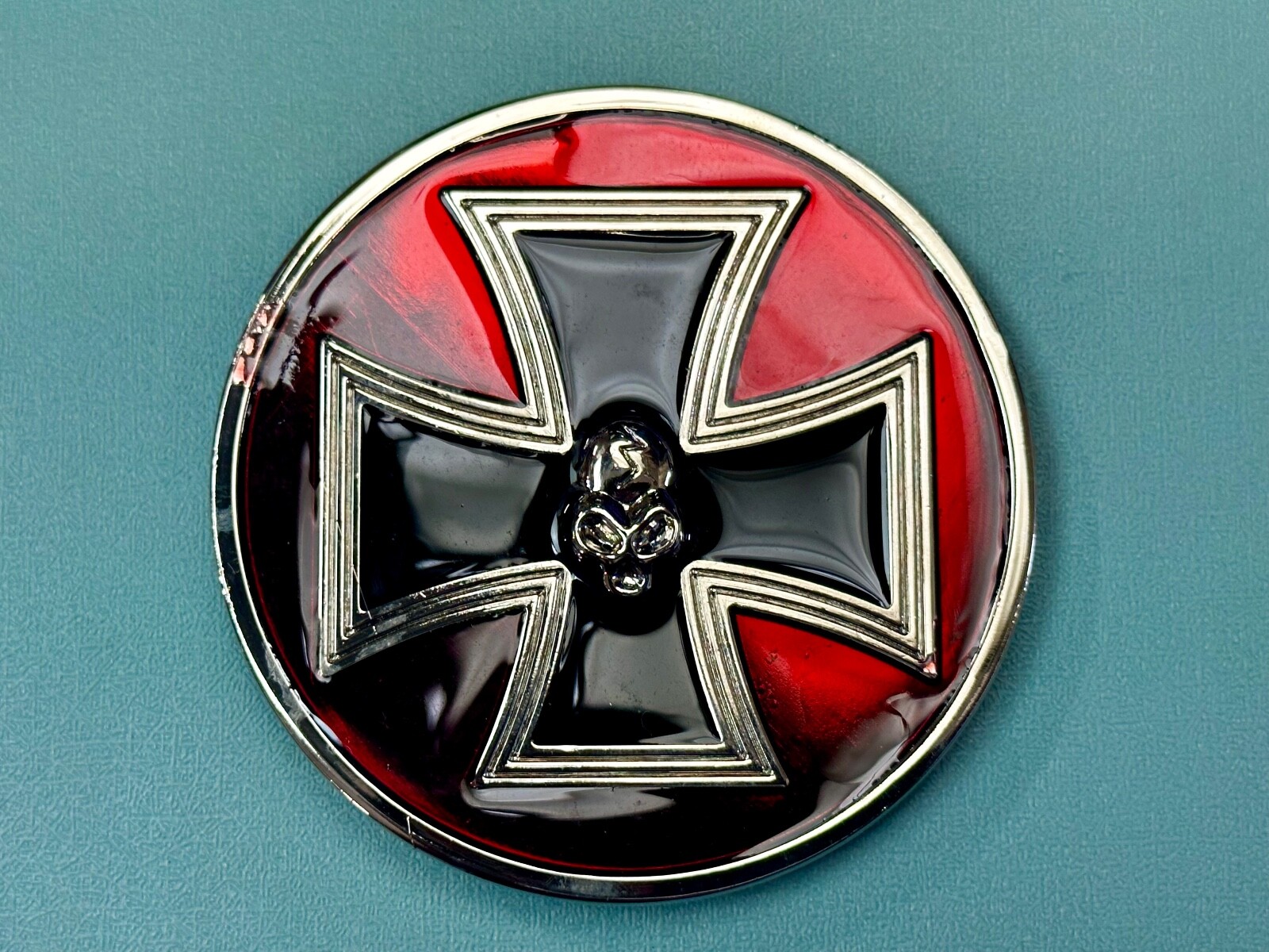 Enamel Round Iron Maltese Cross With Centered Silver Color Skull Belt Buckle