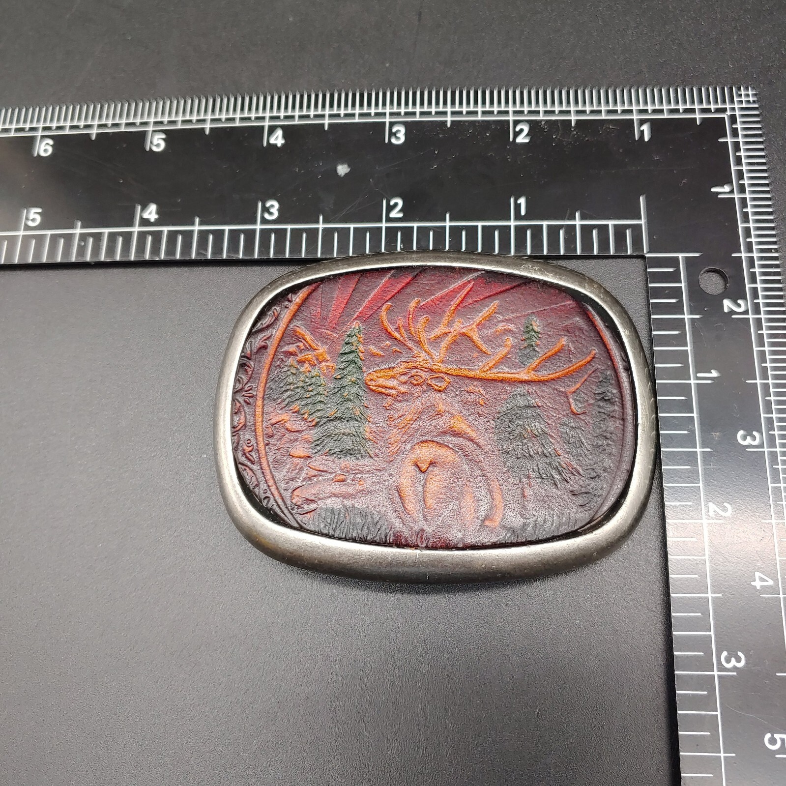 Tooled Leather Wildlife Elk in Metal Belt Buckle