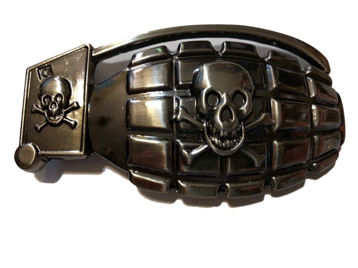 ♈ SKULL GRENADE Pirate ♈ Gun Metal Color large 4.6&Prime;x 2.5&Prime; Skeleton Belt Buckle