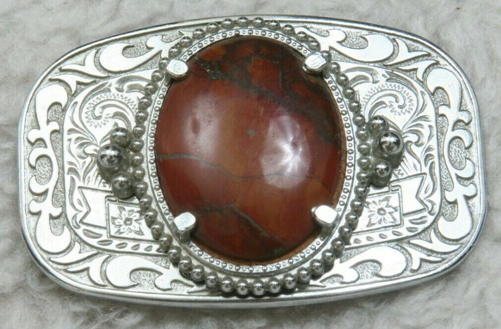 Vintage Silver Belt Buckle Metal Paisley Design Brown Stone Decorative BB11